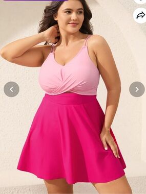 Anti-Float Ties Cut-Out Swim Dress Two-Tone Pink Twist Front Swimsuit Size 22/24